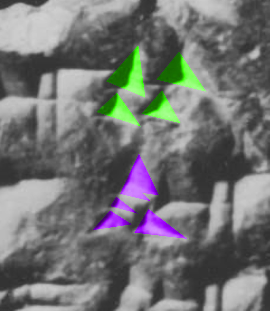 Those same signs, with the Winkelhaken highlighted in green and the diagonals highlighted in purple.