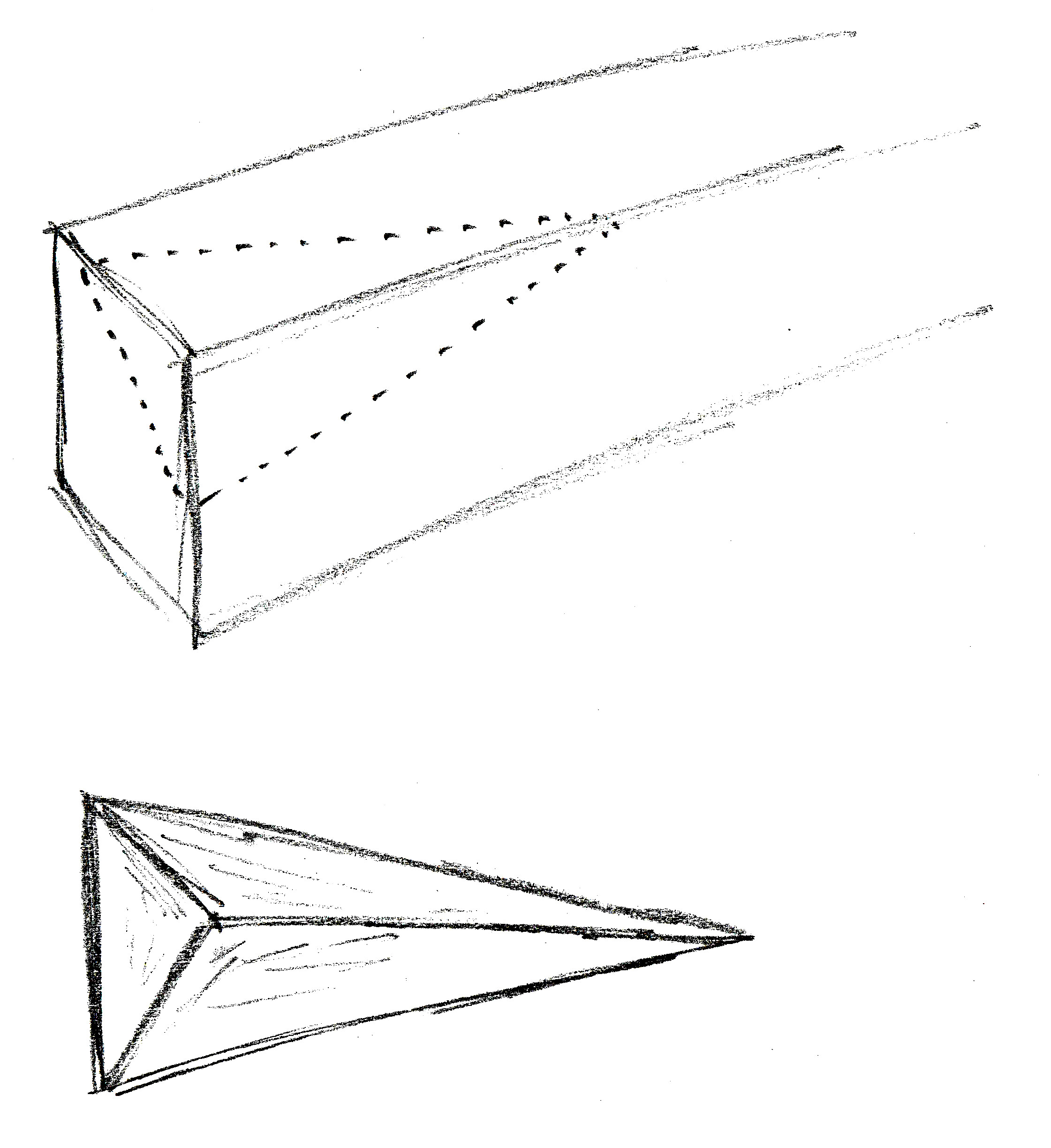 A pencil drawing of a wedge, and the corner of a stylus.